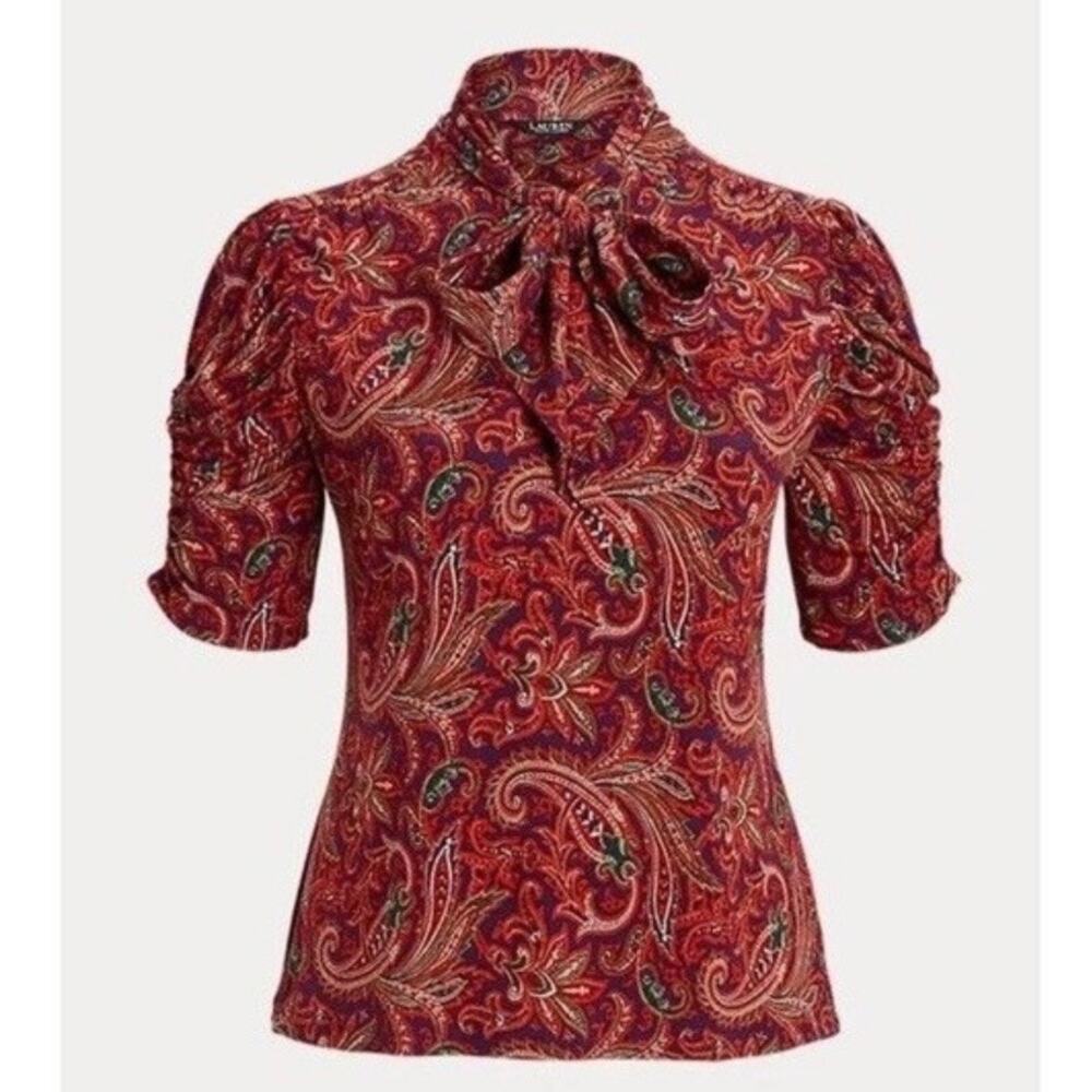 RALPH LAUREN‎ | Black Label Orange Paisley Puff-Elbow Sleeve Tie-Neck Top | 2X